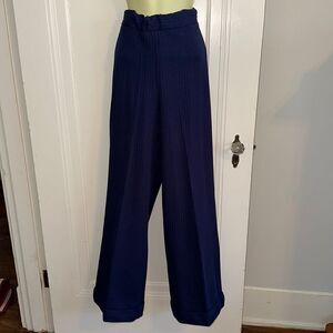 Vintage 70s navy blue double knit polyester wide leg cuffed pull‎ on pants